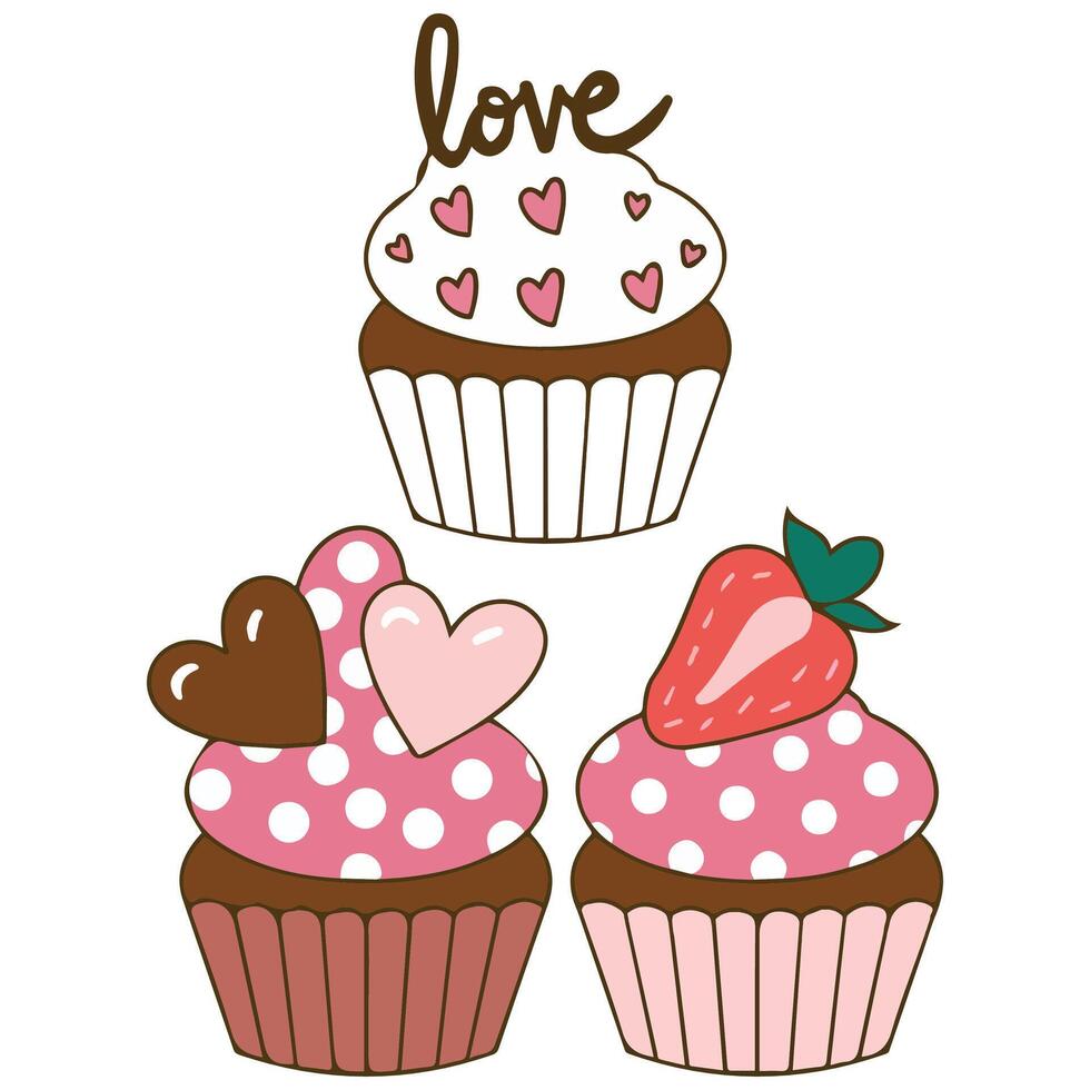 valentines day cupcakes with hearts and strawberries isolated illustration vector