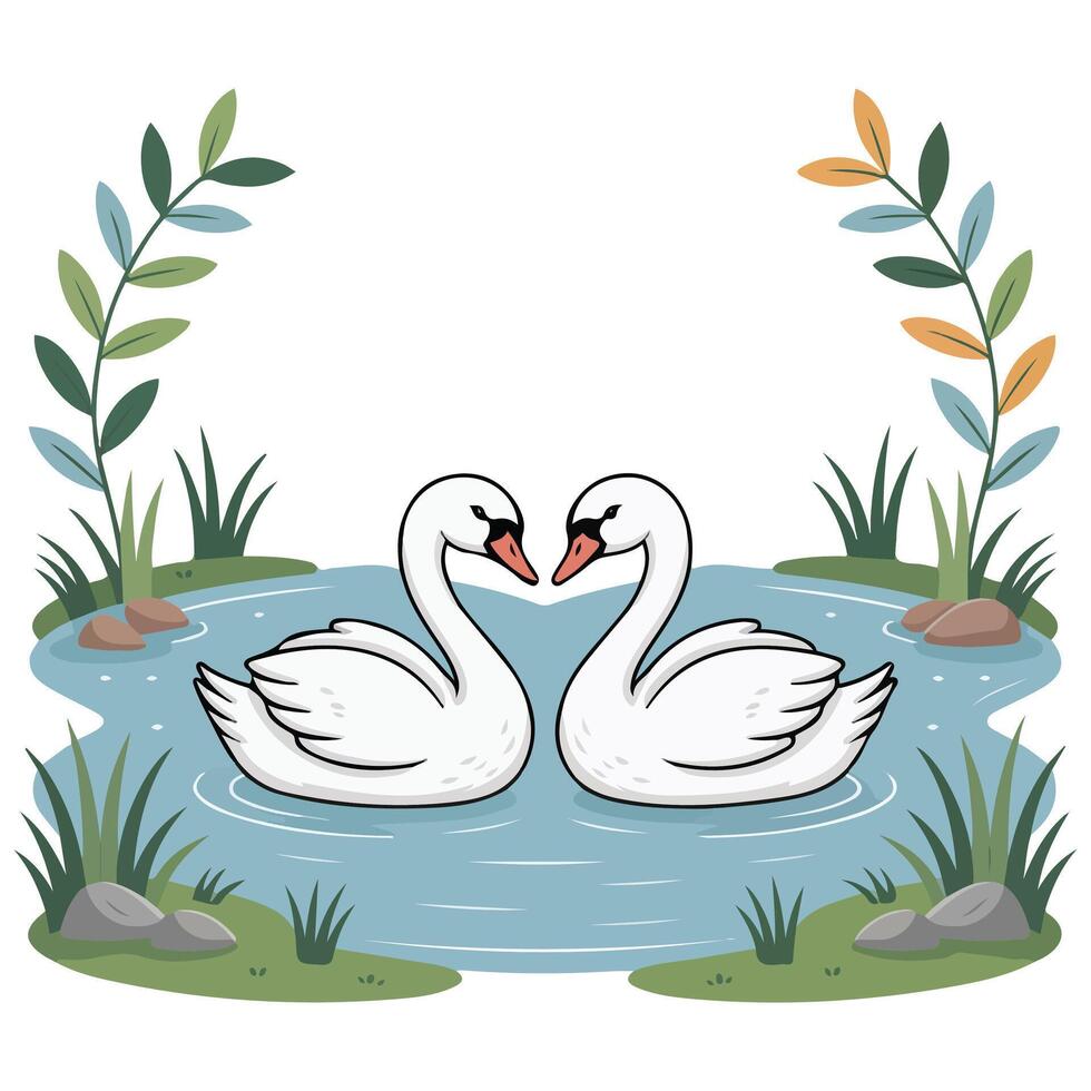 two white swans swimming in pond illustration isolated on white background vector