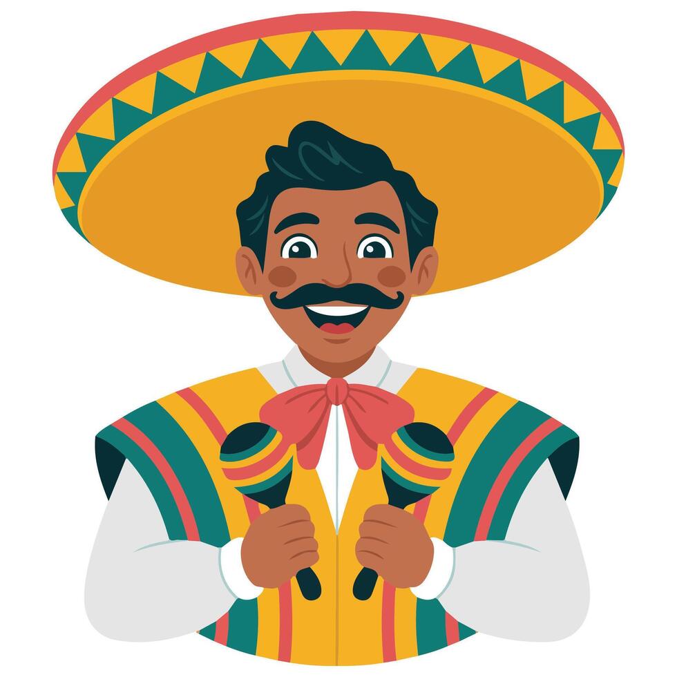 mexican man in sombrero with maracas isolated illustration on white background vector
