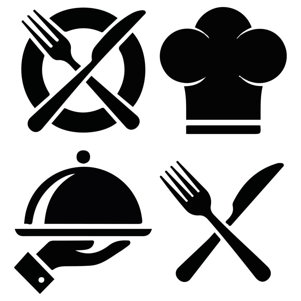 spoon fork knife chef hat and plate icon set isolated illustration vector