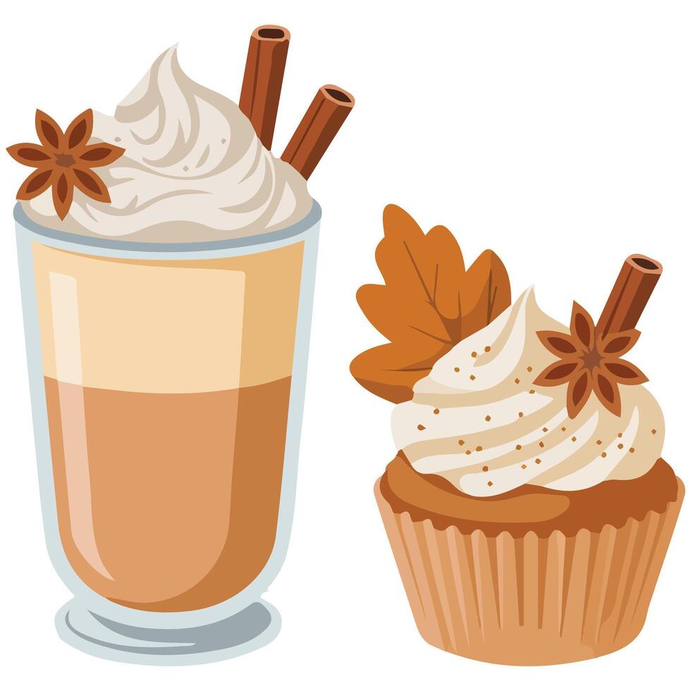 set of autumn sweets pumpkin pie and cupcake isolated illustration vector