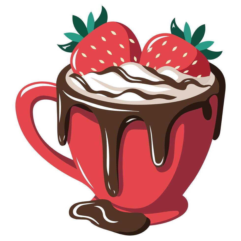 red mug of hot chocolate with strawberries isolated illustration vector
