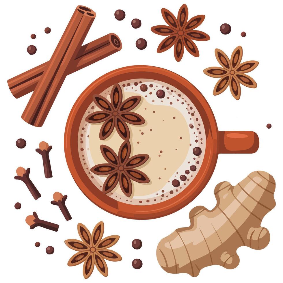 black tea with milk and spices isolated illustration vector
