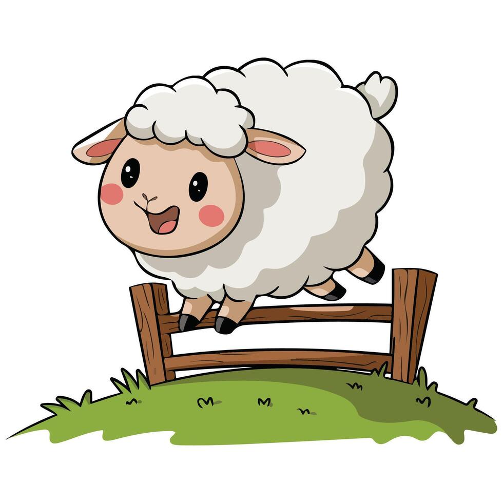 cute cartoon sheep jumping over fence isolated illustration vector