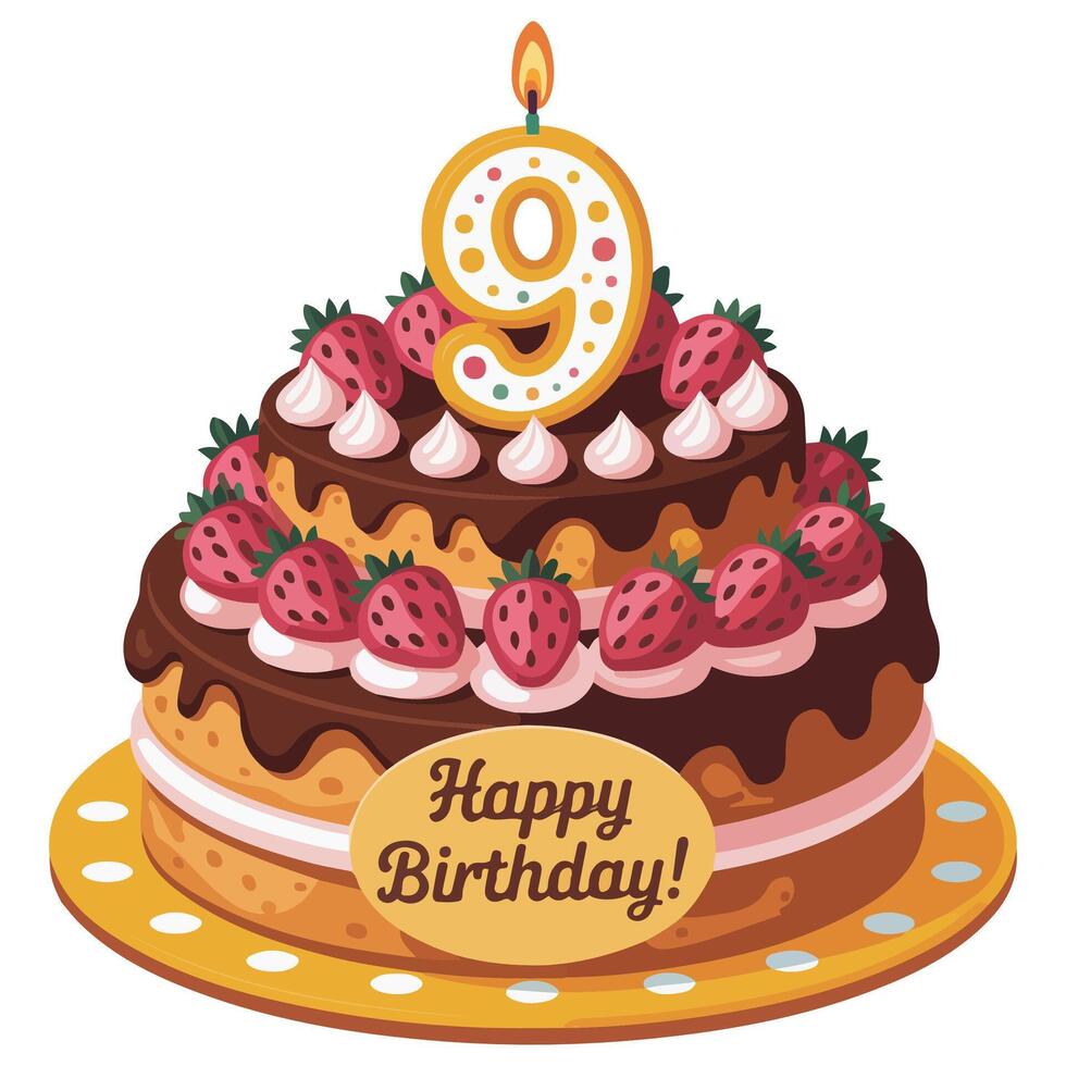 chocolate cream birthday cake for nine years isolated vector