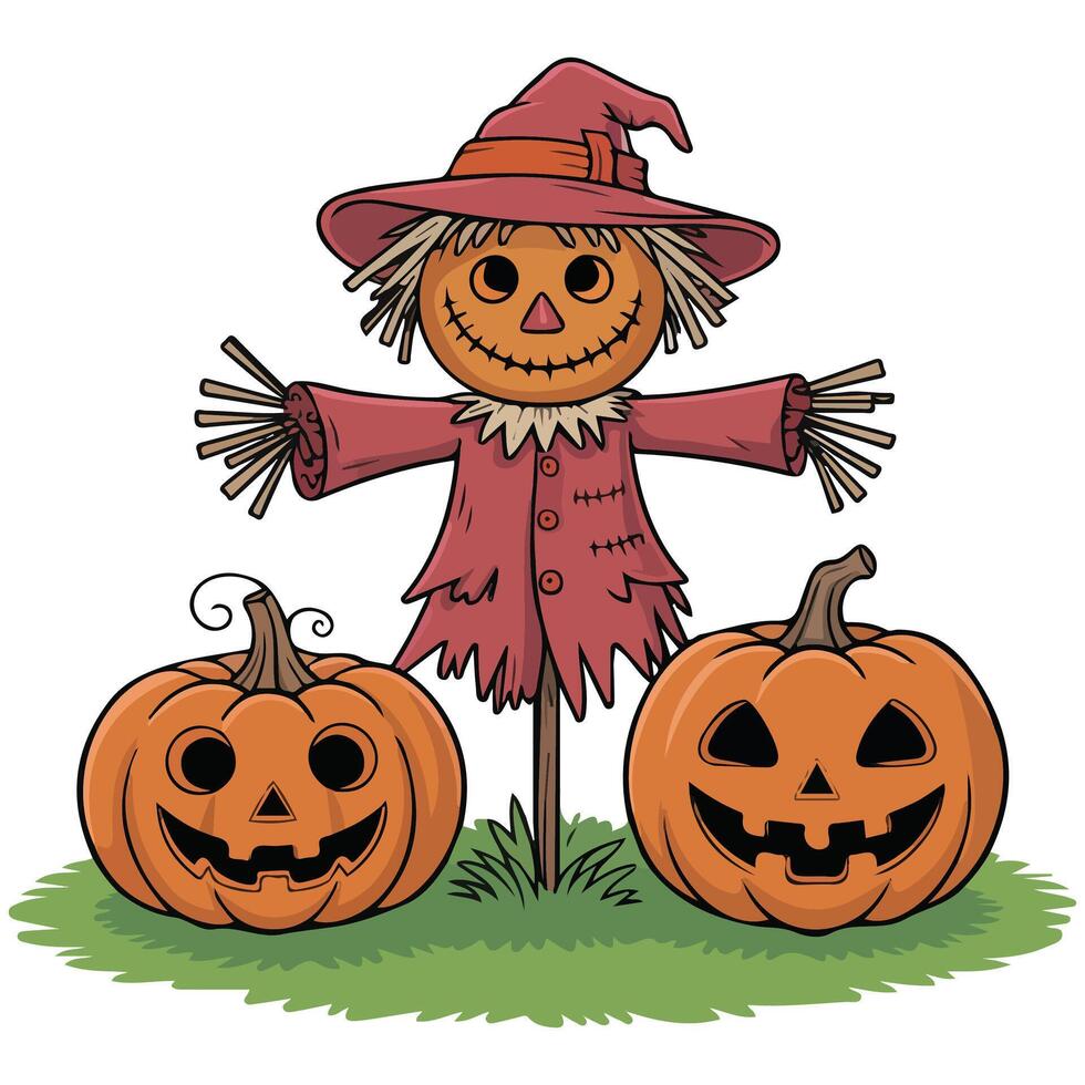 halloween scarecrow with carved pumpkins isolated vector