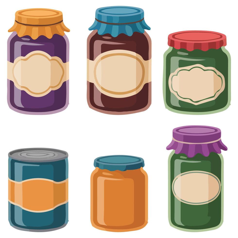 preserved food in jars and cans isolated illustration vector