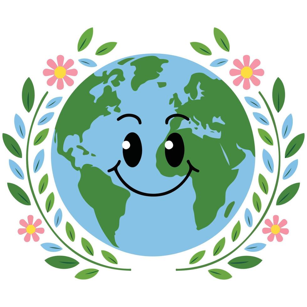 earth planet and flowers isolated illustration vector