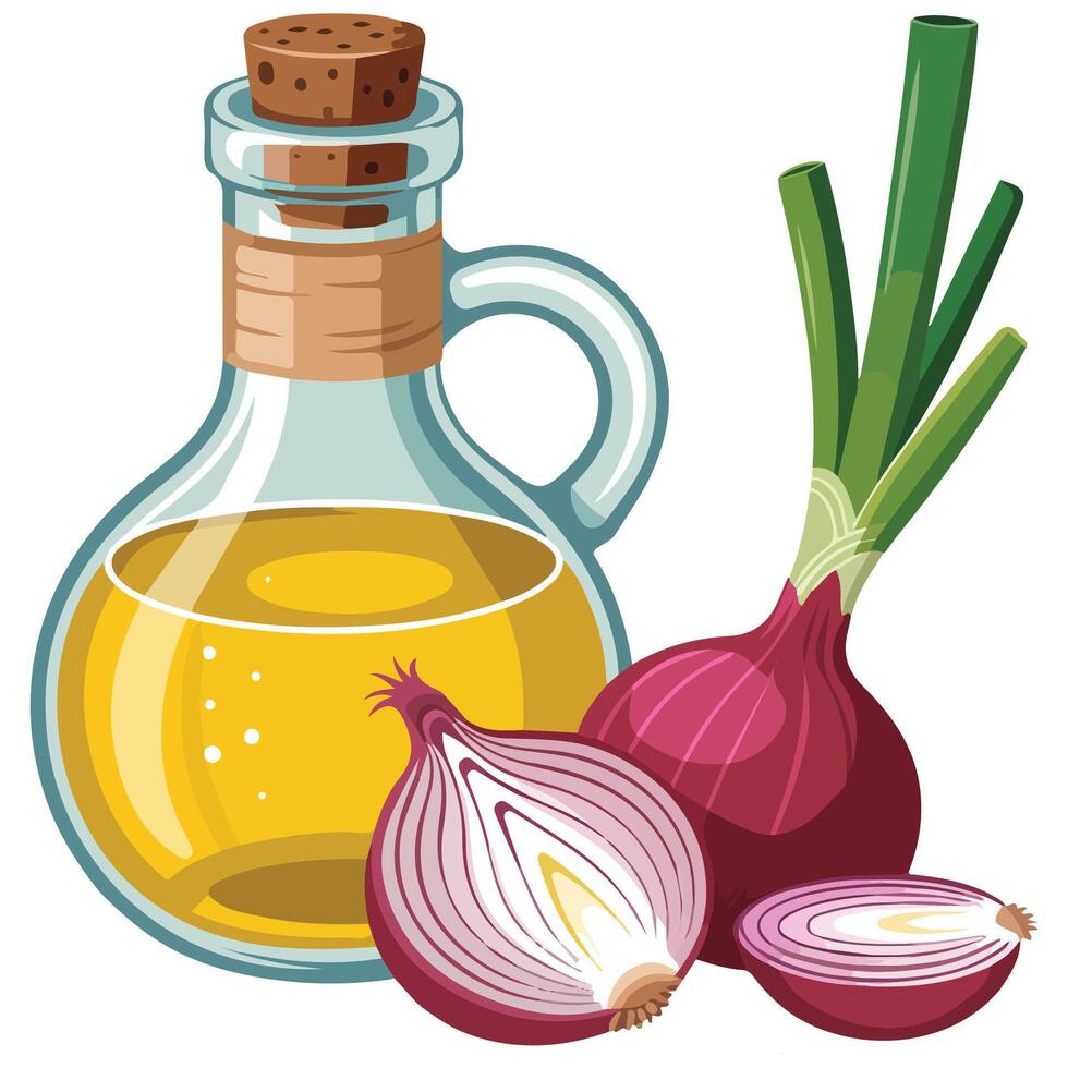 Glass bottle filled with golden onion oil isolated white background vector