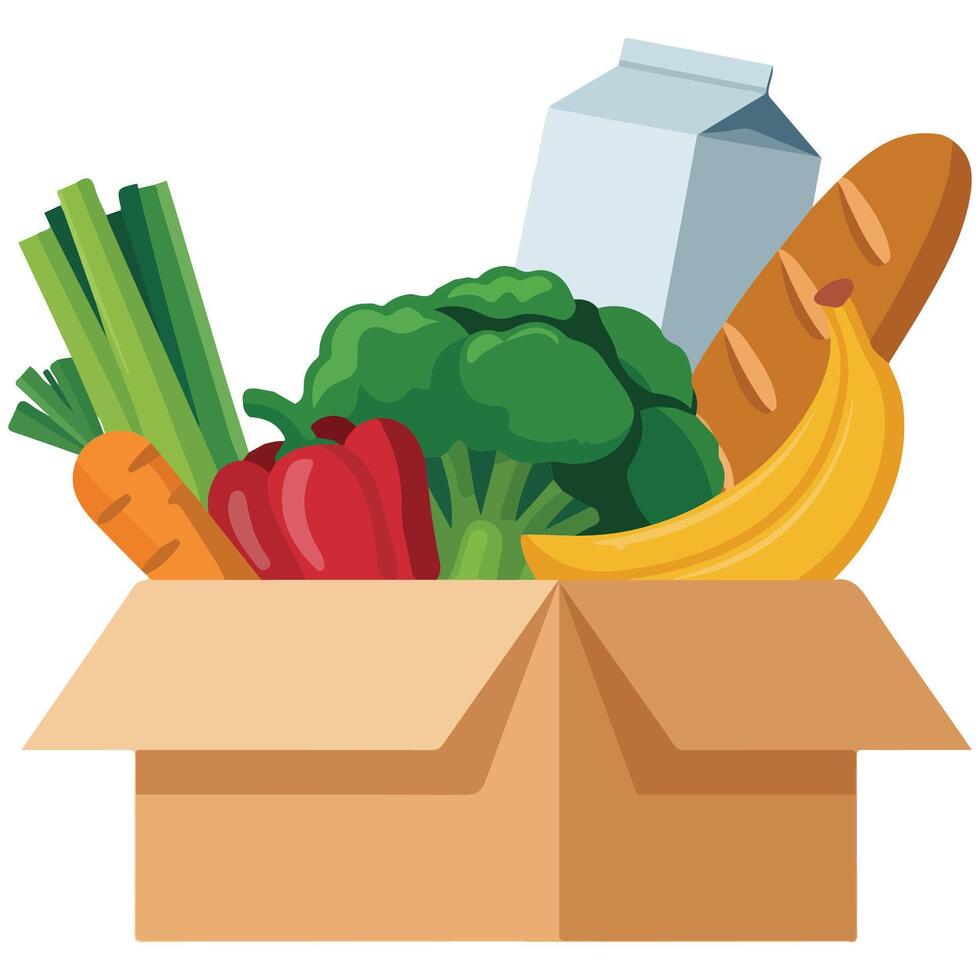 Cardboard box packed with fresh fruits vegetables isolated white background vector