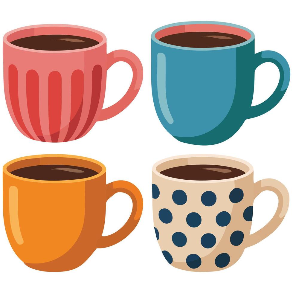 Assorted coffee mugs in flat style isolated white background vector