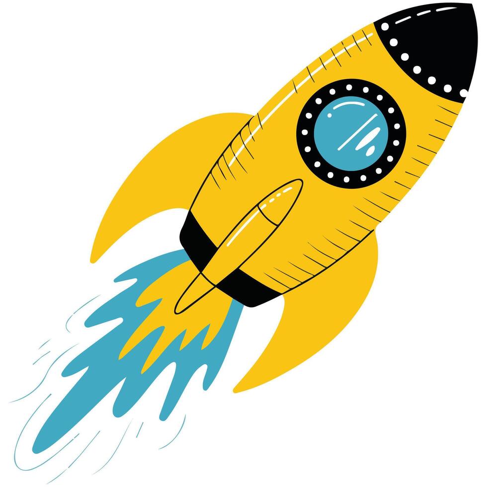 Yellow rocket flying through space isolated white background vector