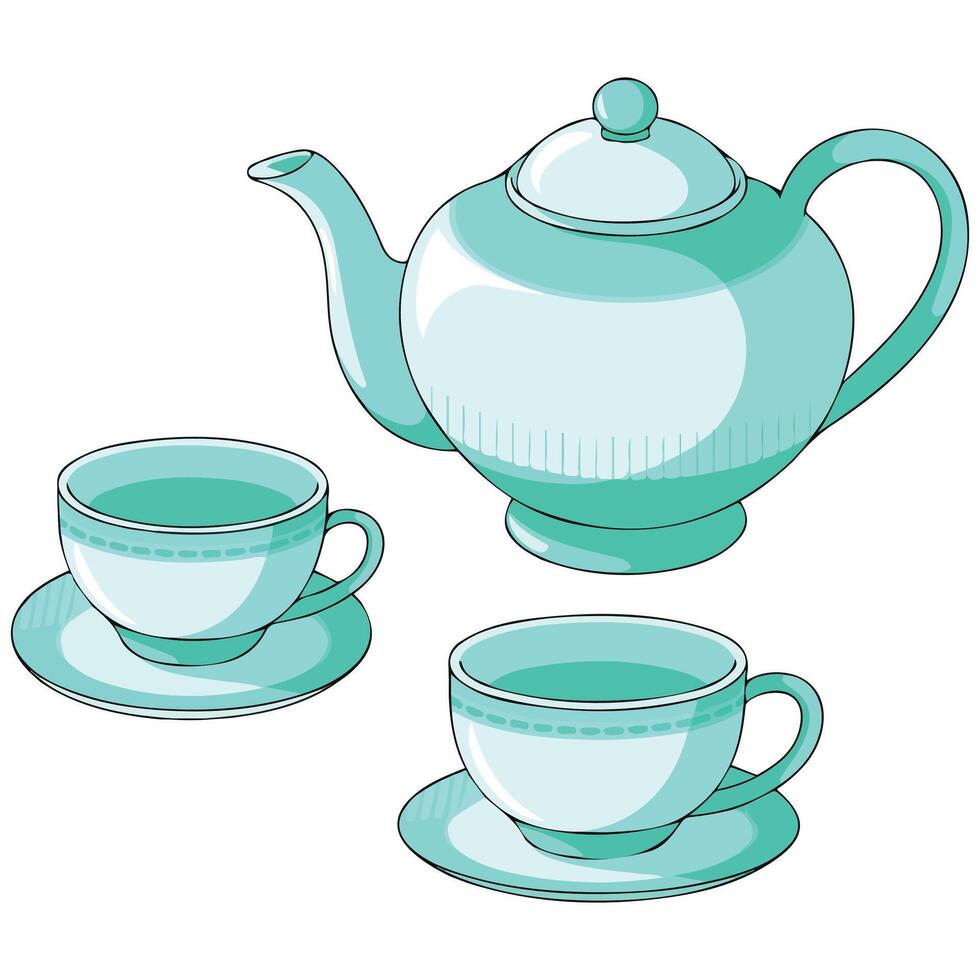 Coffee tea set line art isolated white background vector