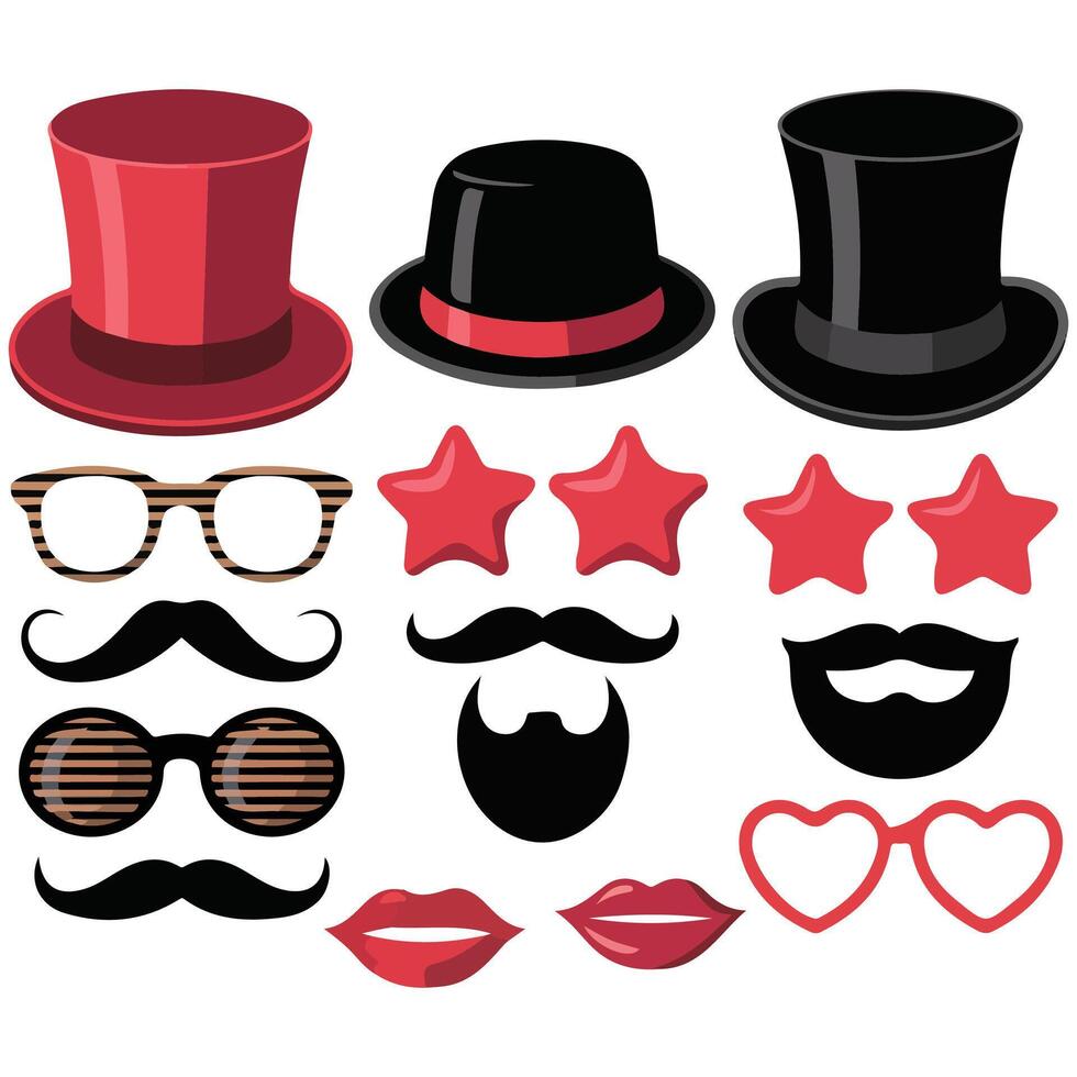 Retro party glasses and mustaches set isolated white background vector
