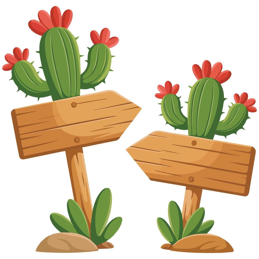 Wooden signs with blooming cactus isolated white background vector