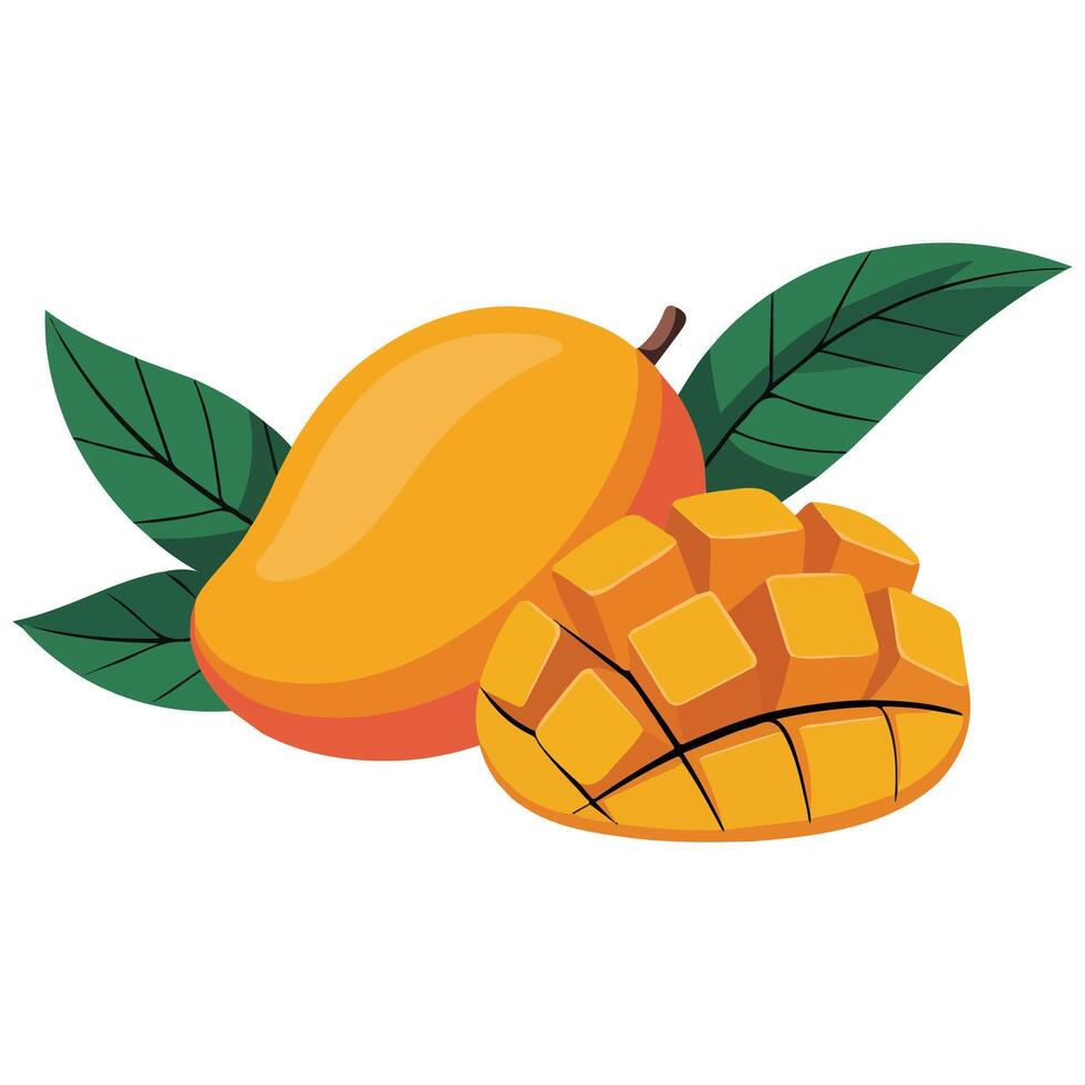 Mango and sliced mango pieces set isolated white background vector