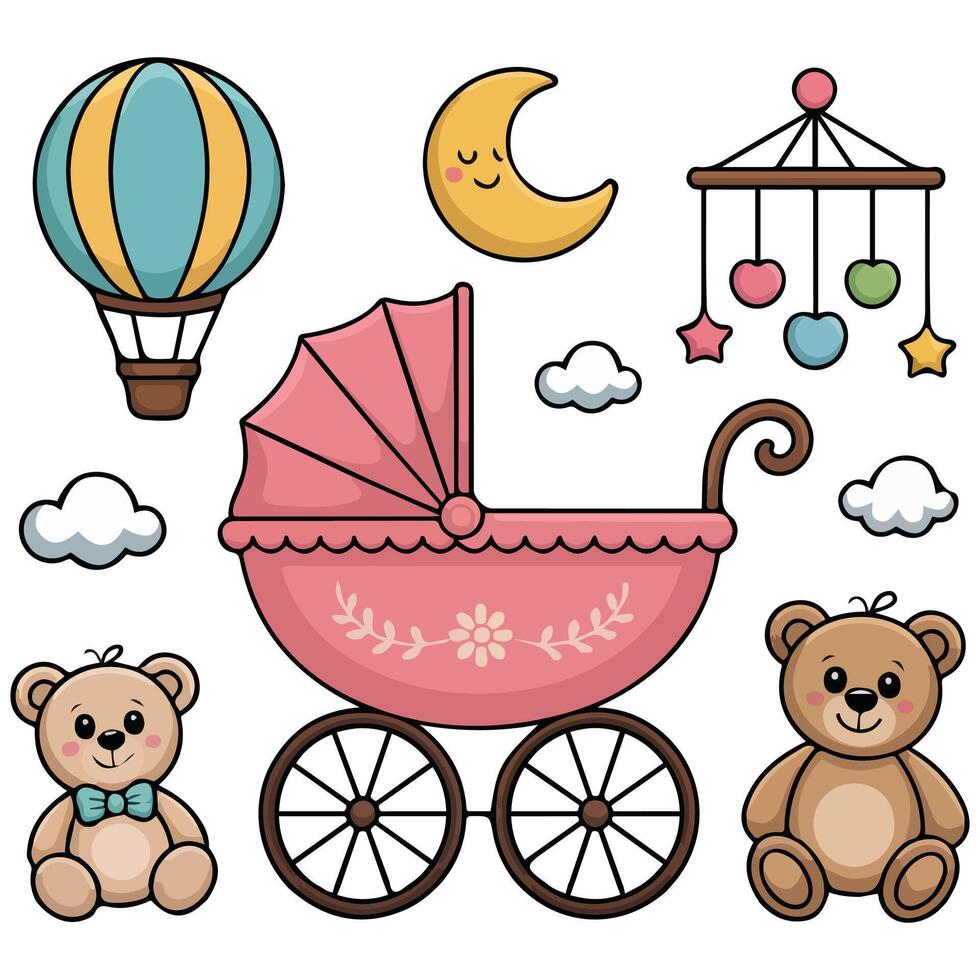 Baby items including stroller teddy isolated white background vector