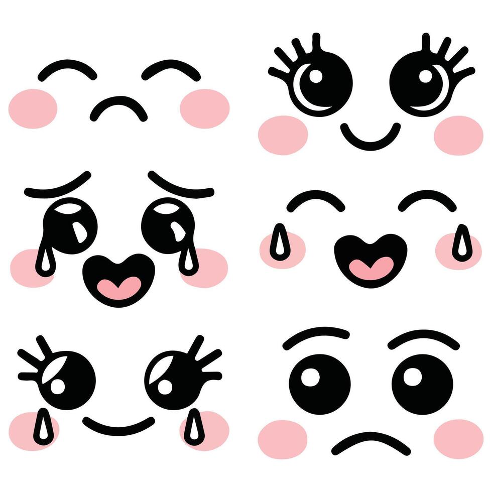 Cute kawaii emoticon faces set isolated white background vector
