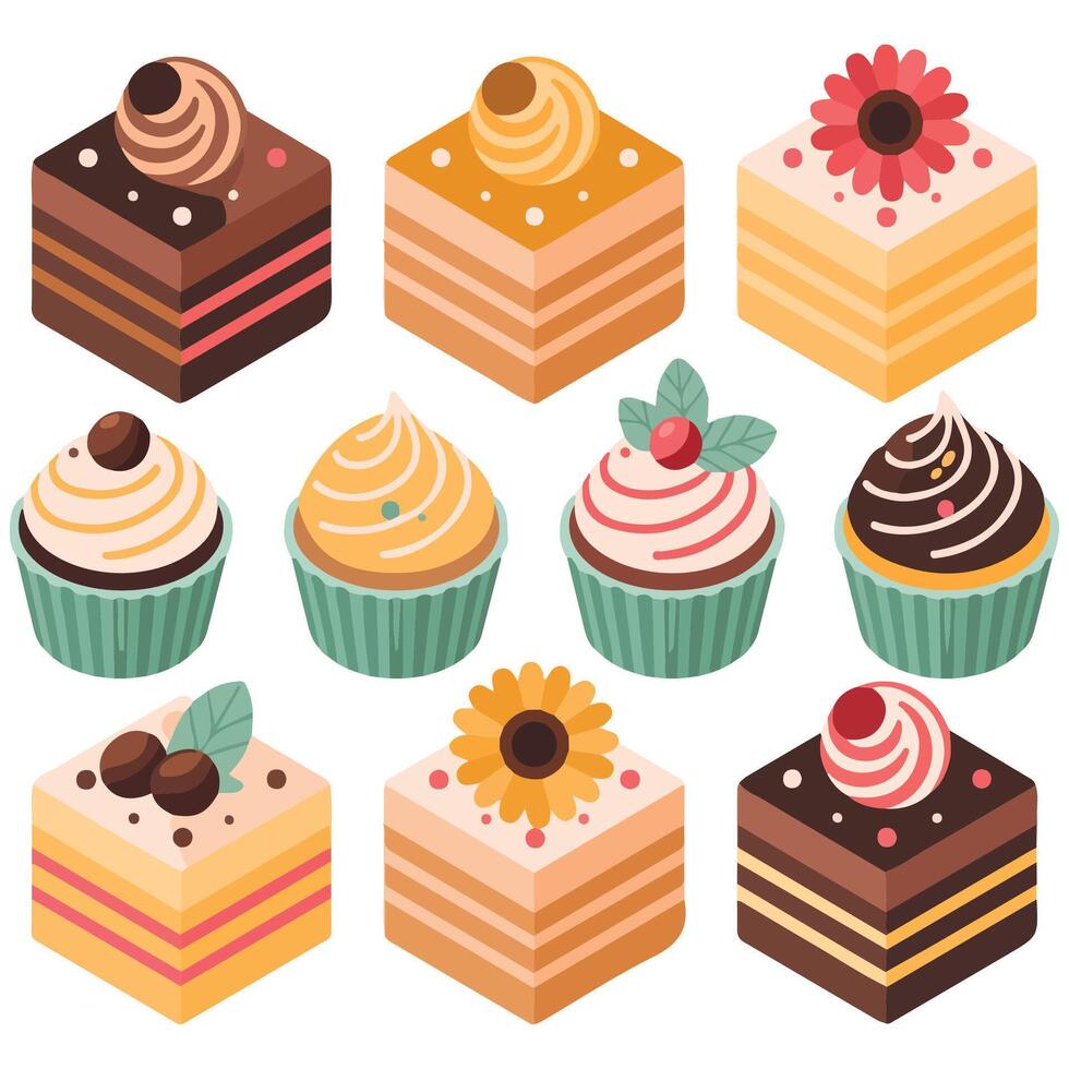 Tiramisu dessert variations set isolated white background vector