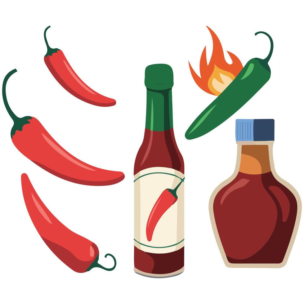 Spicy sauce bottles collection isolated white background vector