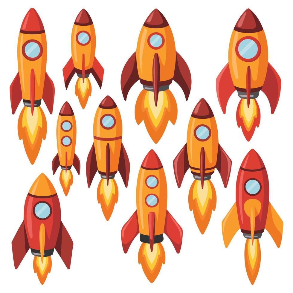 Red cardboard rockets launching isolated white background vector