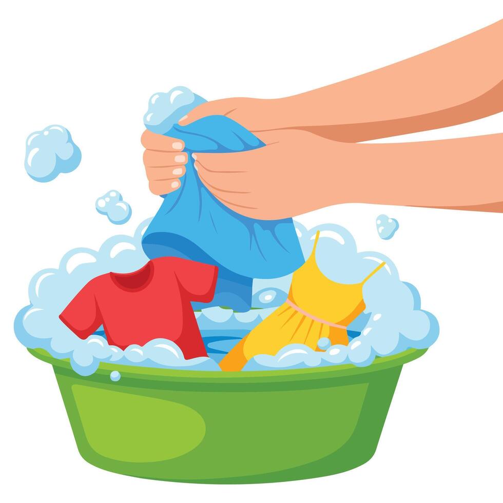 Washing clothes in basin isolated white background vector