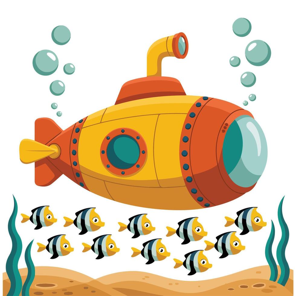 Yellow submarine underwater isolated white background vector