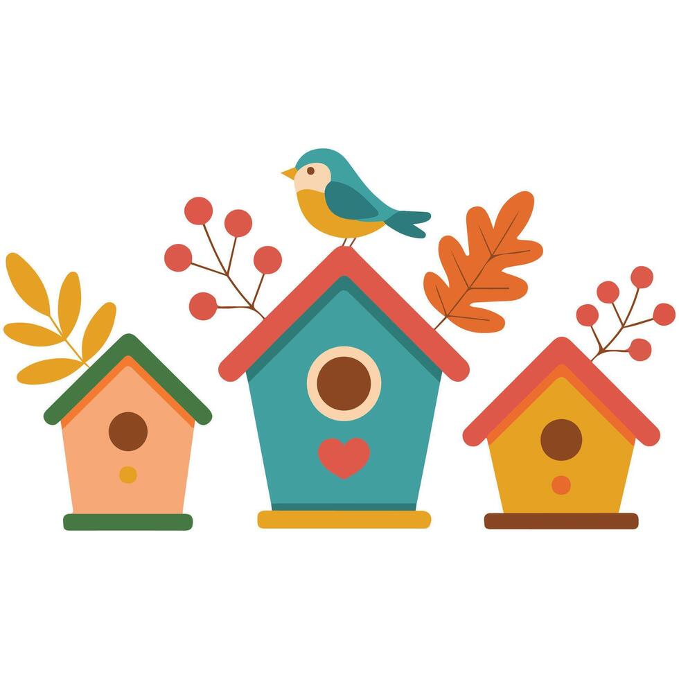 Autumn birdhouse with leaves isolated white background vector