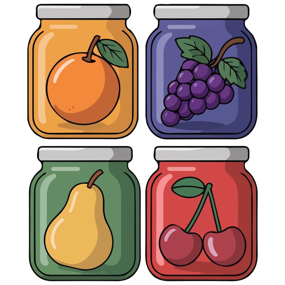 Fruit jam jars set isolated white background vector