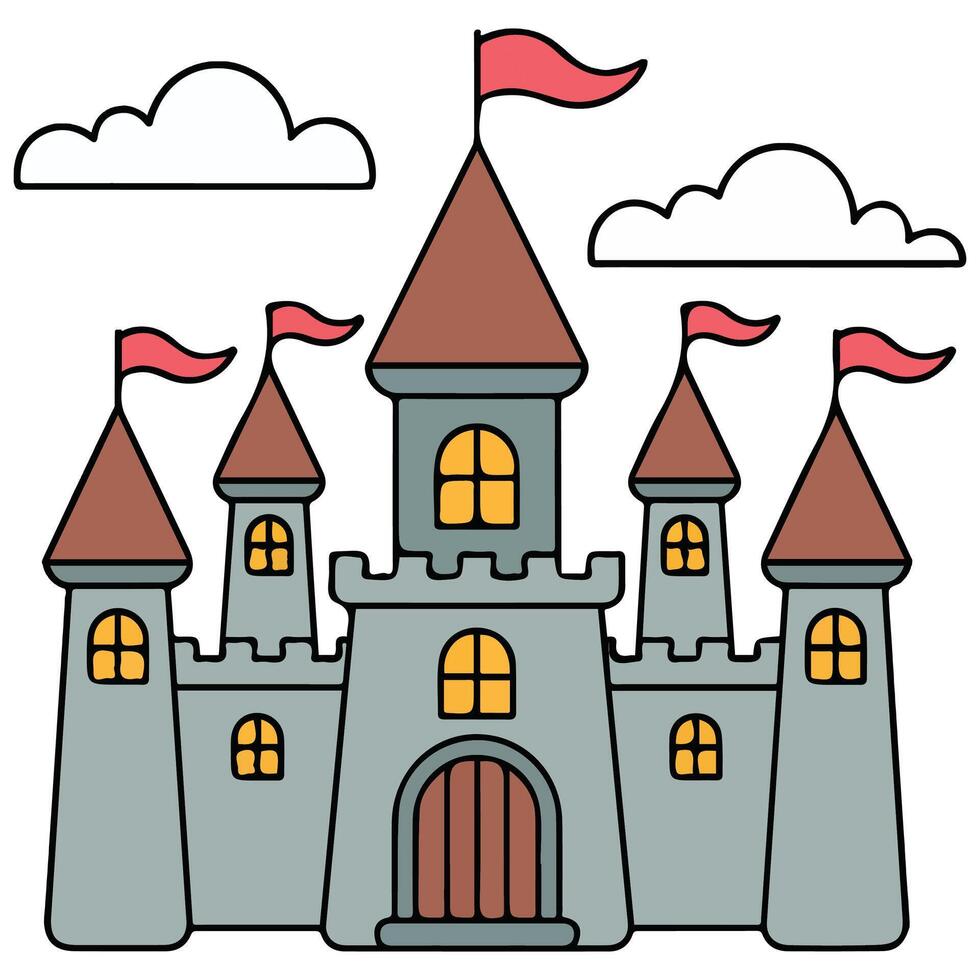 White stone castle flags isolated white background vector
