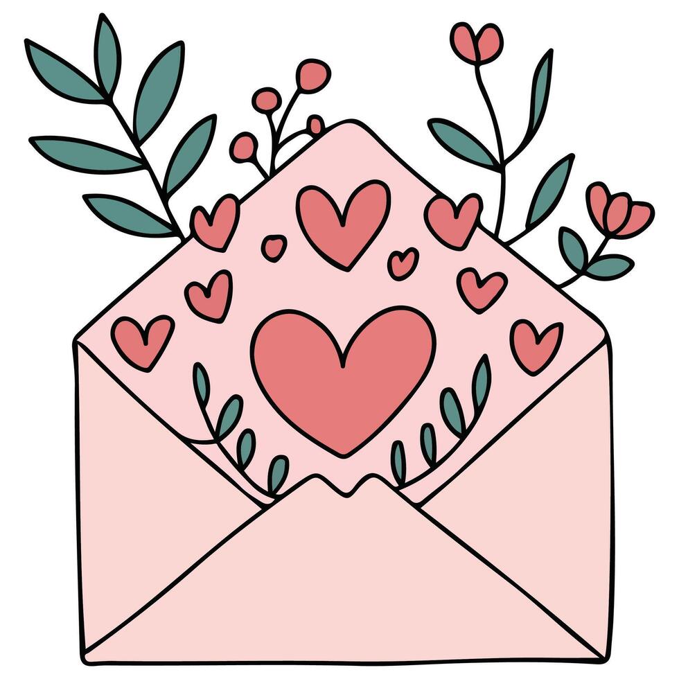 Envelope with hearts flora isolated white background vector