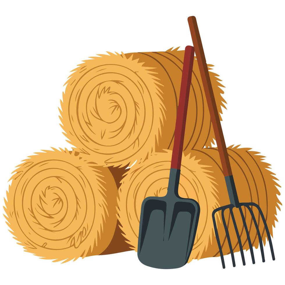 Hay bale with fork rake isolated white background vector