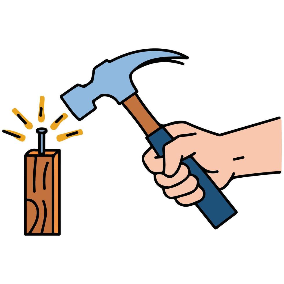 Hammer hitting nail tool isolated white background vector
