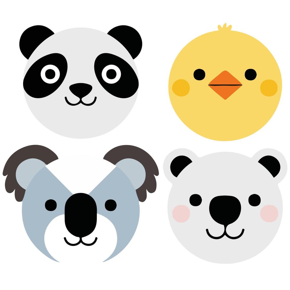 Animal faces flat cartoon set isolated white background vector