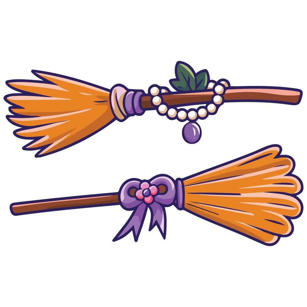 Witch broomsticks Halloween set isolated white background vector
