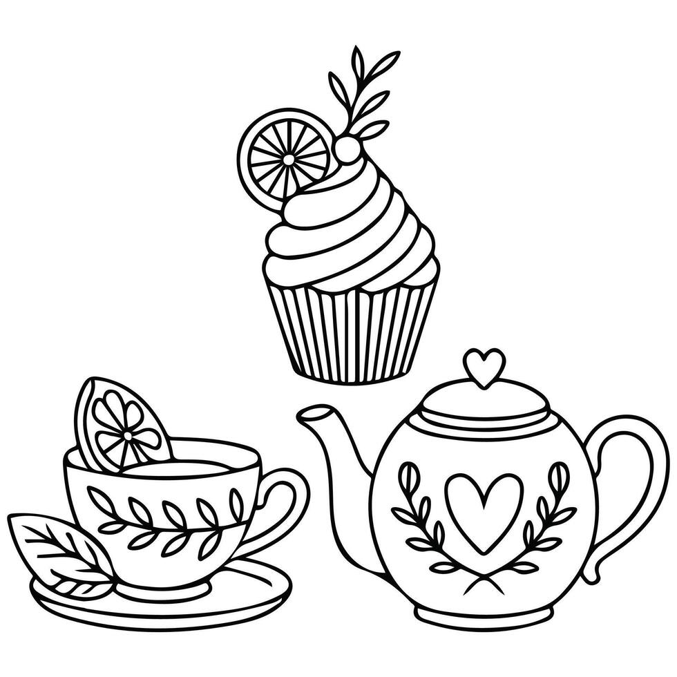 Doodle cupcake kettle set isolated white background vector