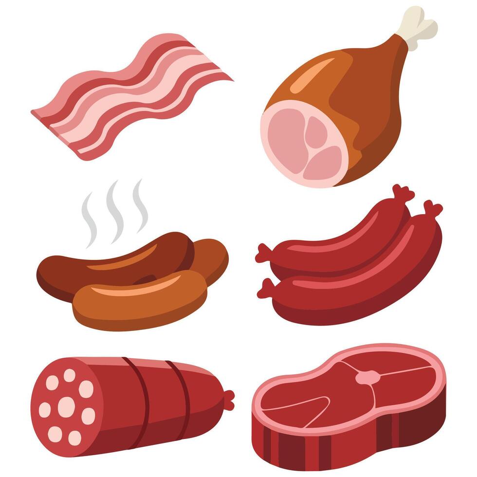 Delicatessen butchery meat set isolated white background vector