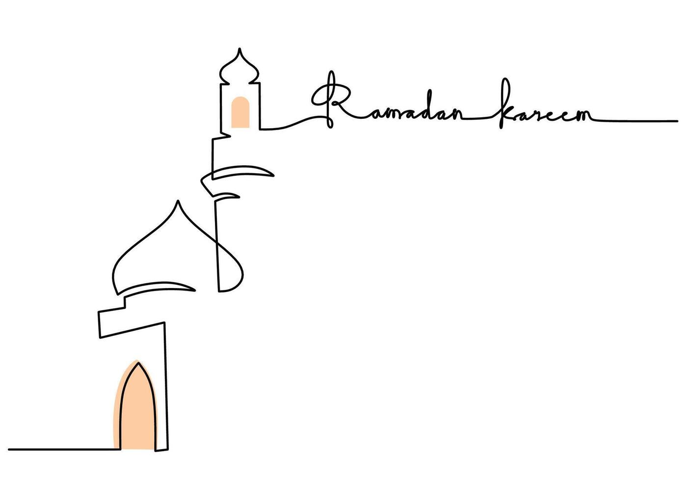 One line drawing of Big mosque tower with Ramadan Kareem inscription. Representing spiritual devotion and islamic tradition. vector