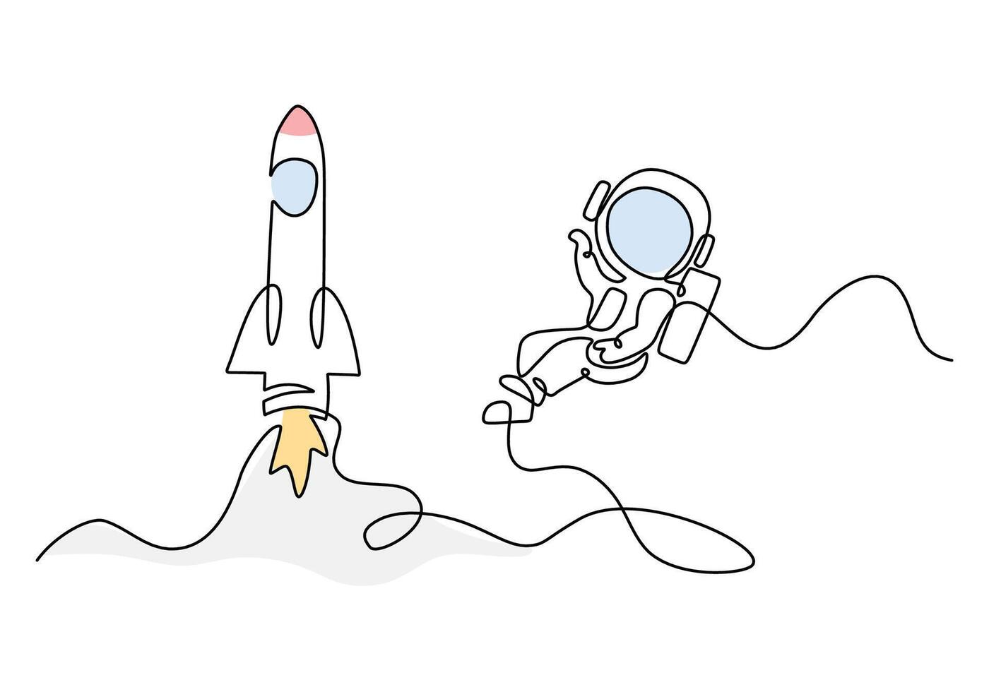 Spaceman Flying with Rocket One Line Drawing for Fun vector