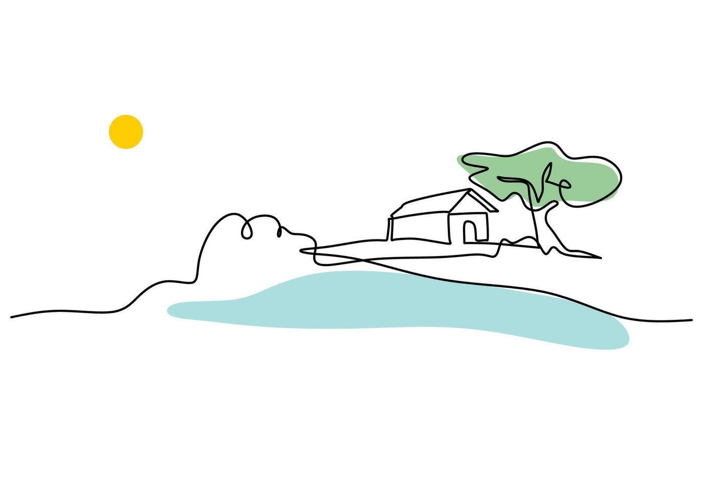 Hill and River Property One Line Drawing for Landscape Real Estate vector