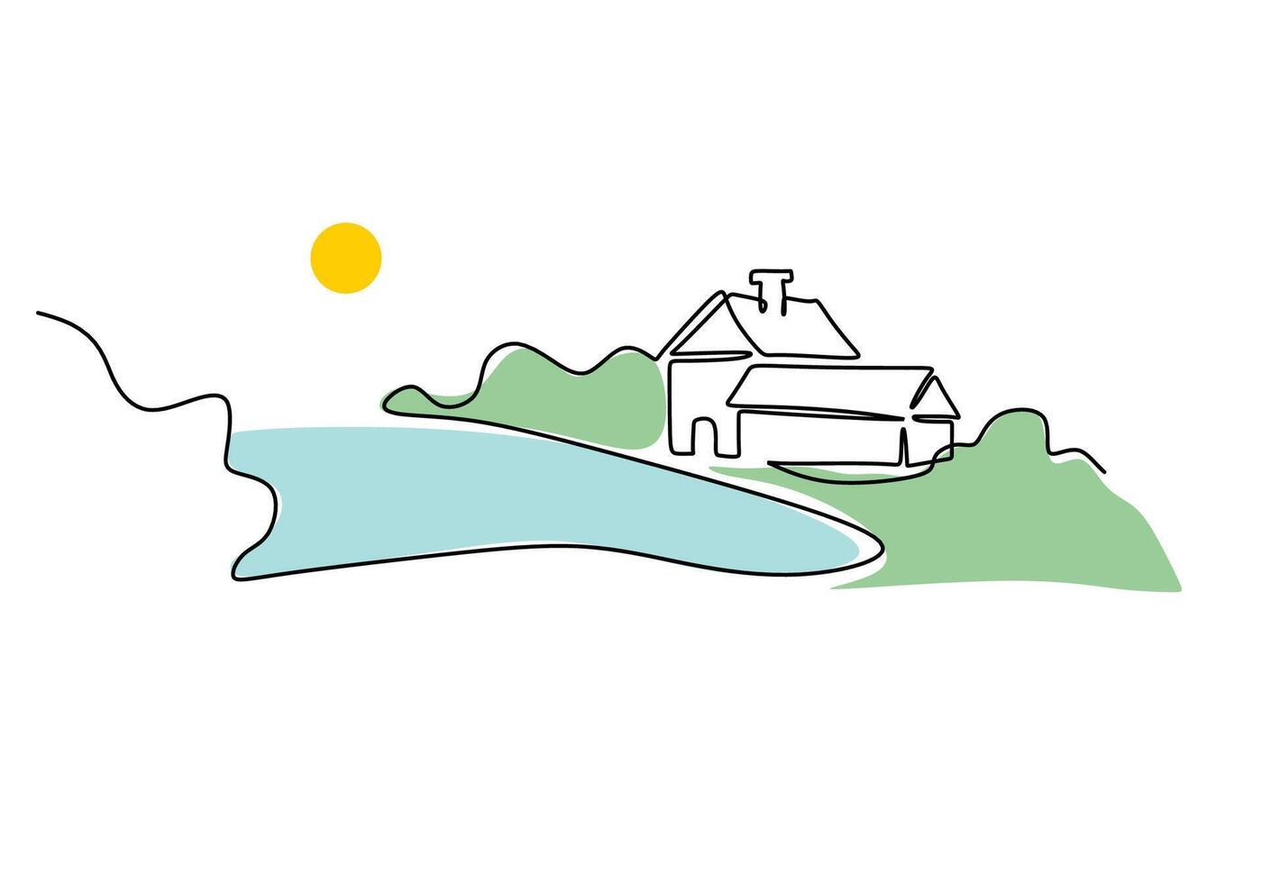 Lake and River House One Line Drawing for Natural Landscape Scene vector
