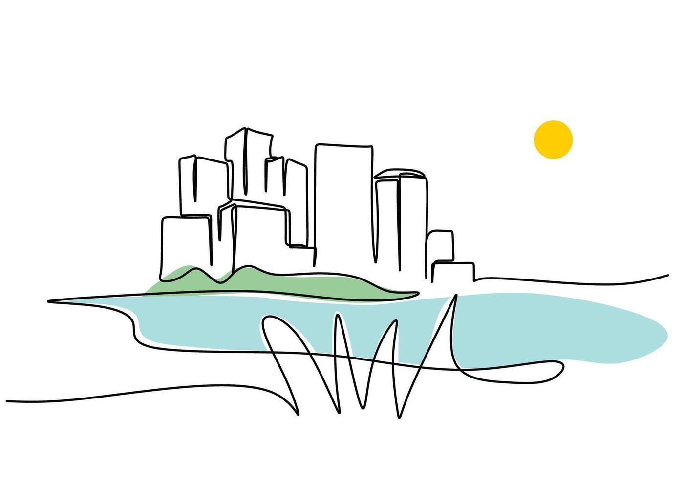 Cityscape by River One Line Drawing for Urban Landscape View vector