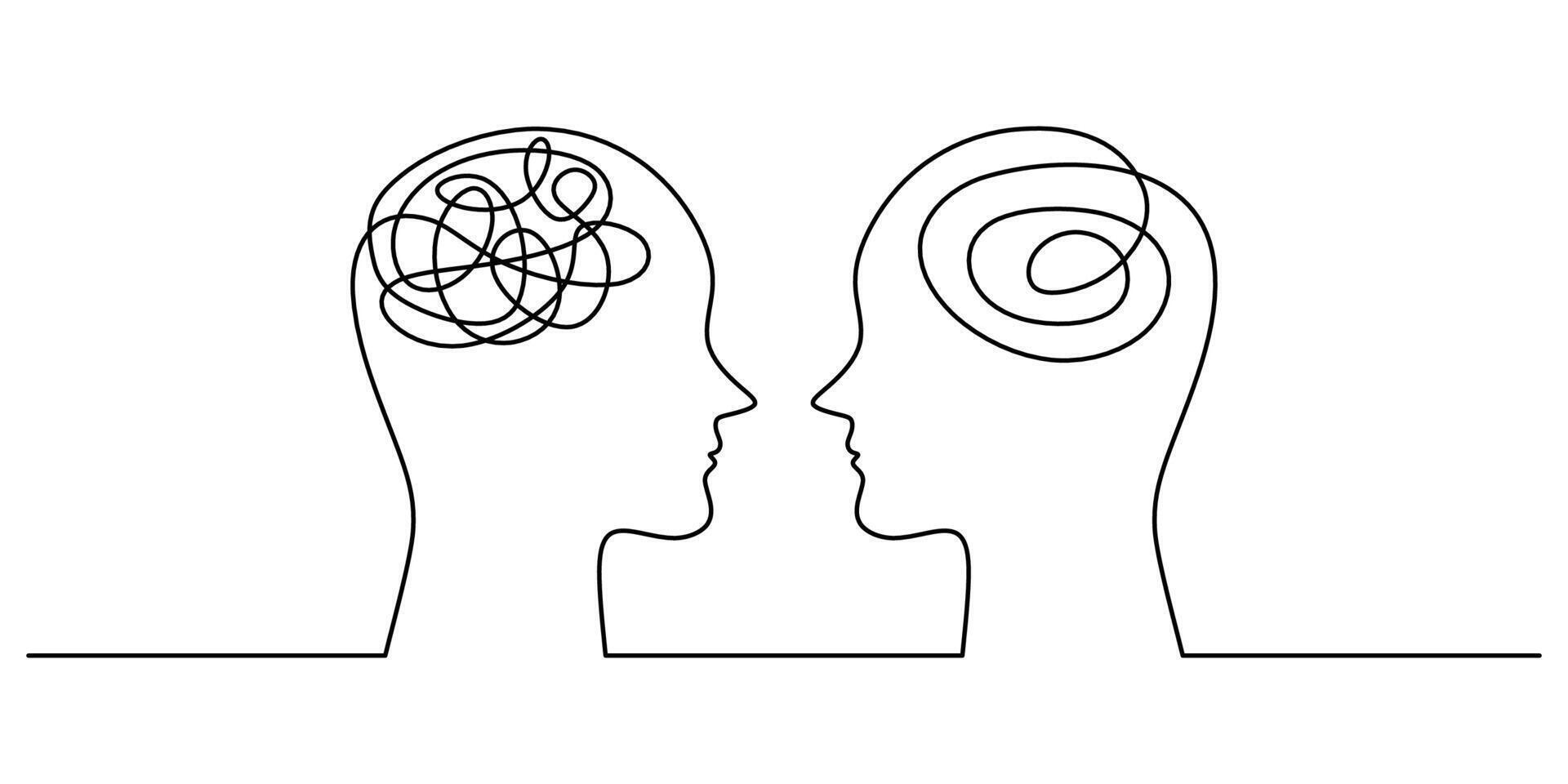 Two Heads One Line Drawing for Contrasting Mindsets vector