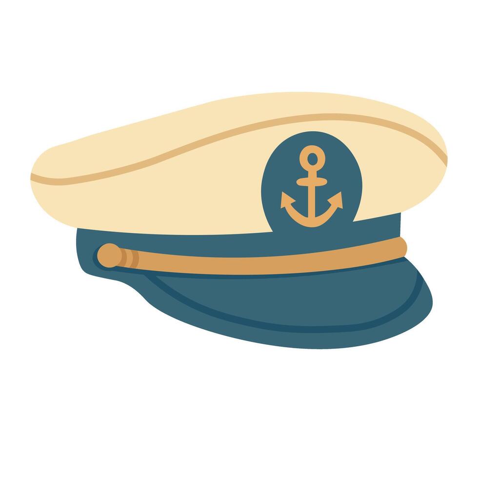 Flat cartoon captain hat with anchor symbol. marine illustration in nautical summer style. vector