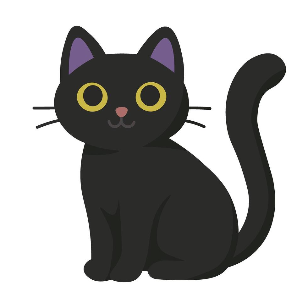 Cute black cat with yellow eyes in flat cartoon style. illustration on white background. vector