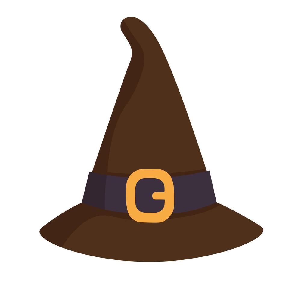 Cartoon brown witch hat with buckle. Flat Halloween illustration on white background. vector
