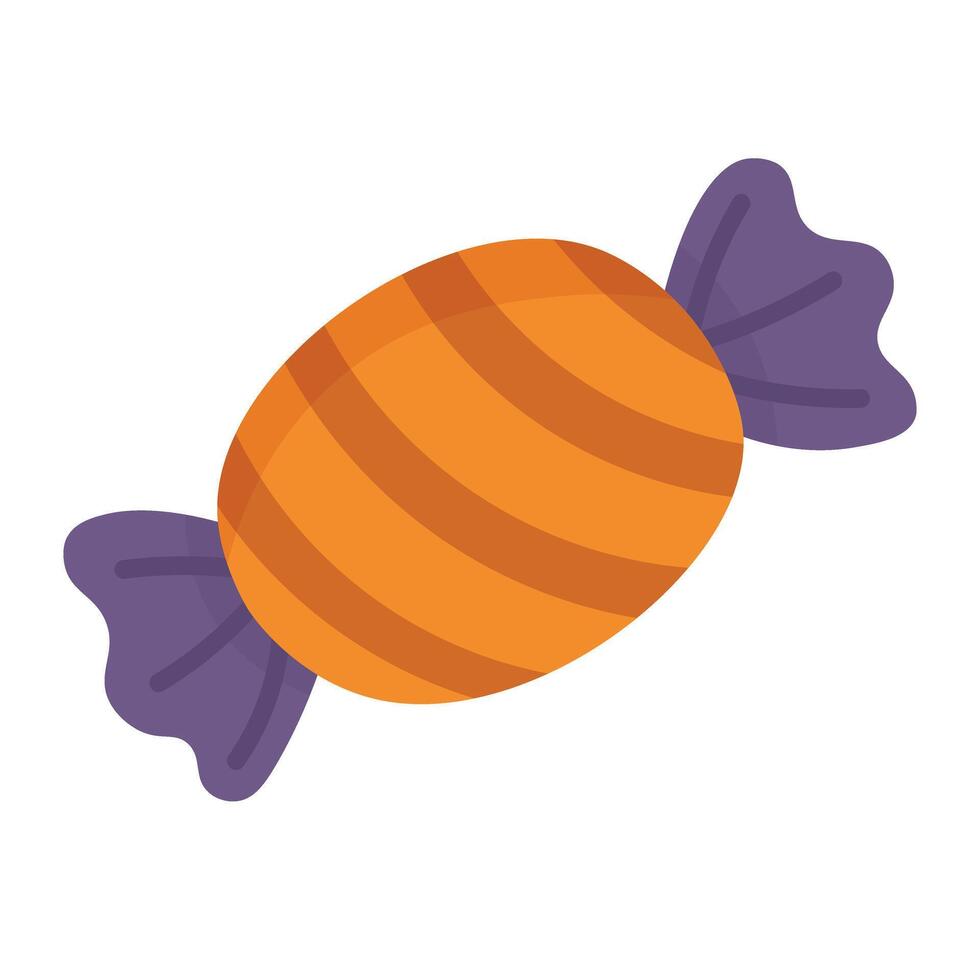 Cartoon orange candy with purple wrapper. Flat illustration on white background for Halloween. vector