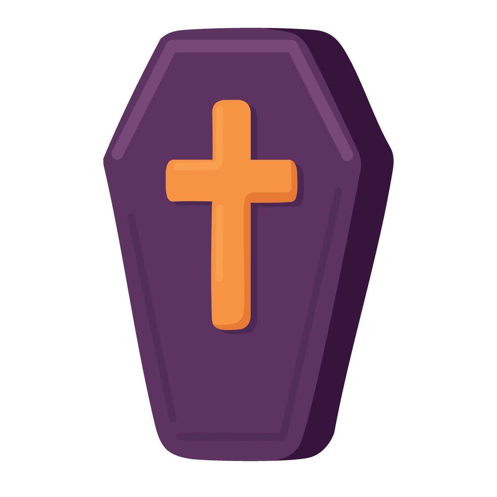 Cartoon coffin with cross in flat spooky style. Halloween illustration on white background. vector