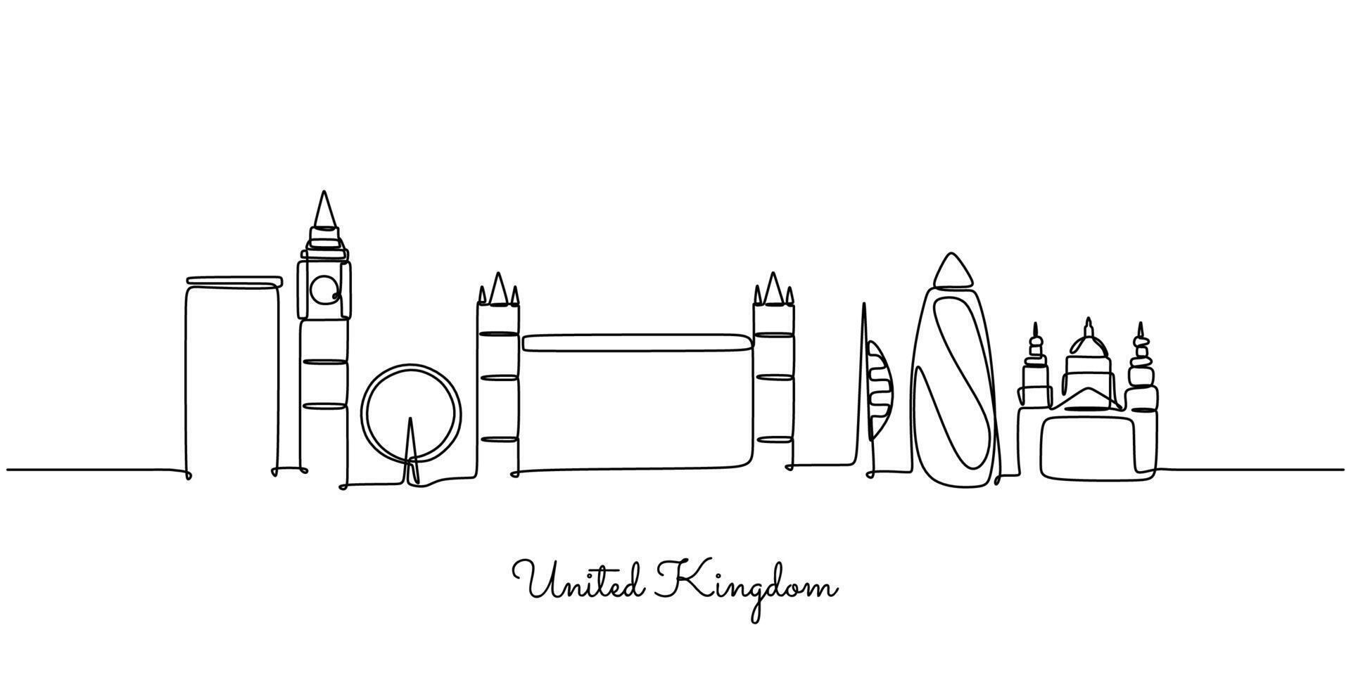 UK skyline continuous line drawing for British landmarks vector