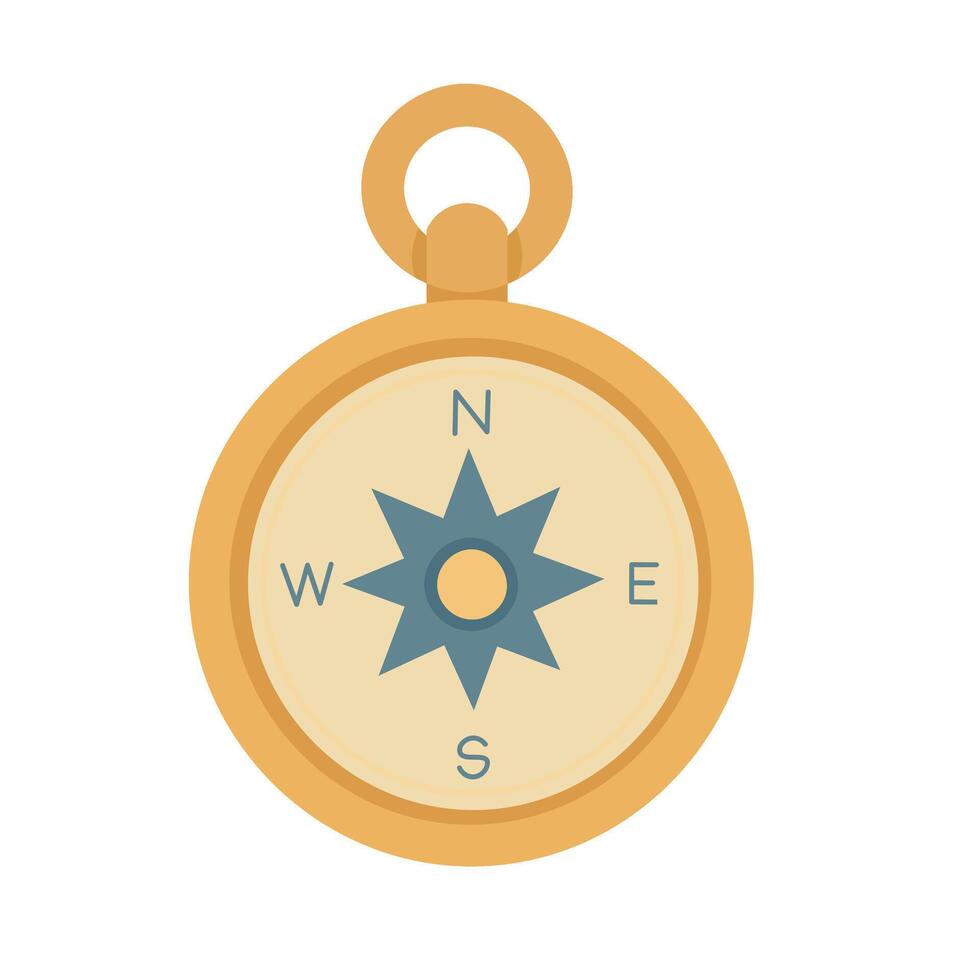 Cartoon compass in nautical style with golden frame. Flat illustration for marine themes. vector